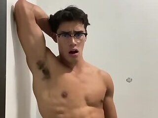 Sexy nerd jerks off in the shower